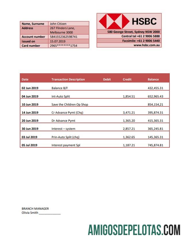 Modelo de extrato bancário HSBC da Austrália para impressão totalmente editável em formato Word e PDF